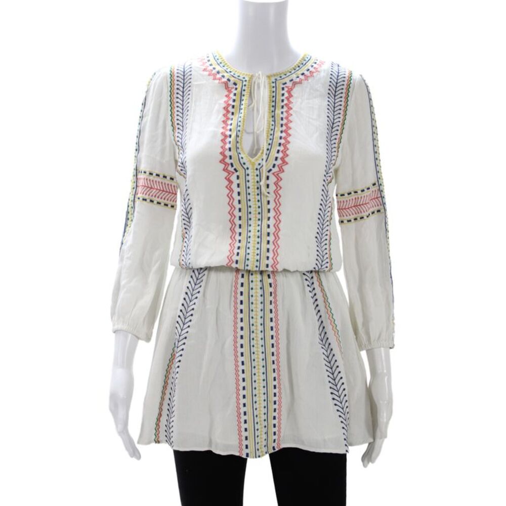 Alice + Olivia Women Bohemian Geometric V-Neck Tunic White Long Sleeve Size 0